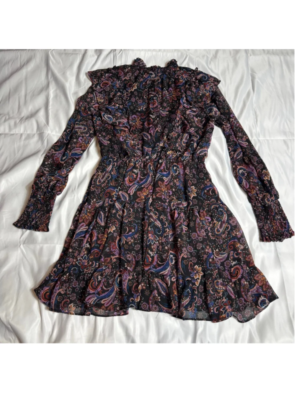 Women's Fate Black Multi-color Paisley Smocked Ruffle Long Sleeve Dress S
